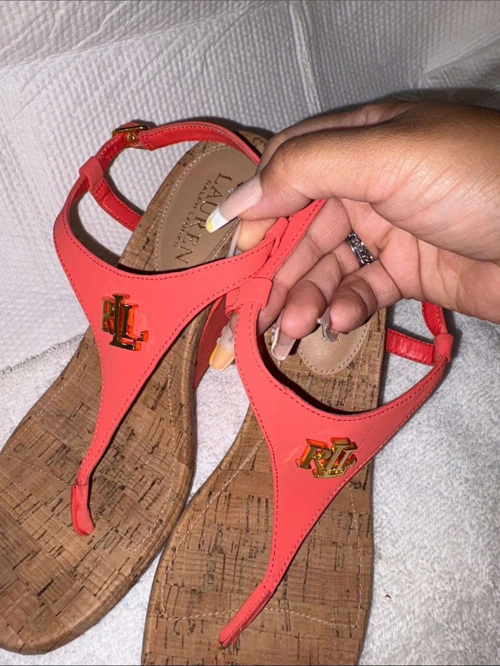 Lauren Ralph Coral Thong Wedge Sandals with Gold RL Emblem